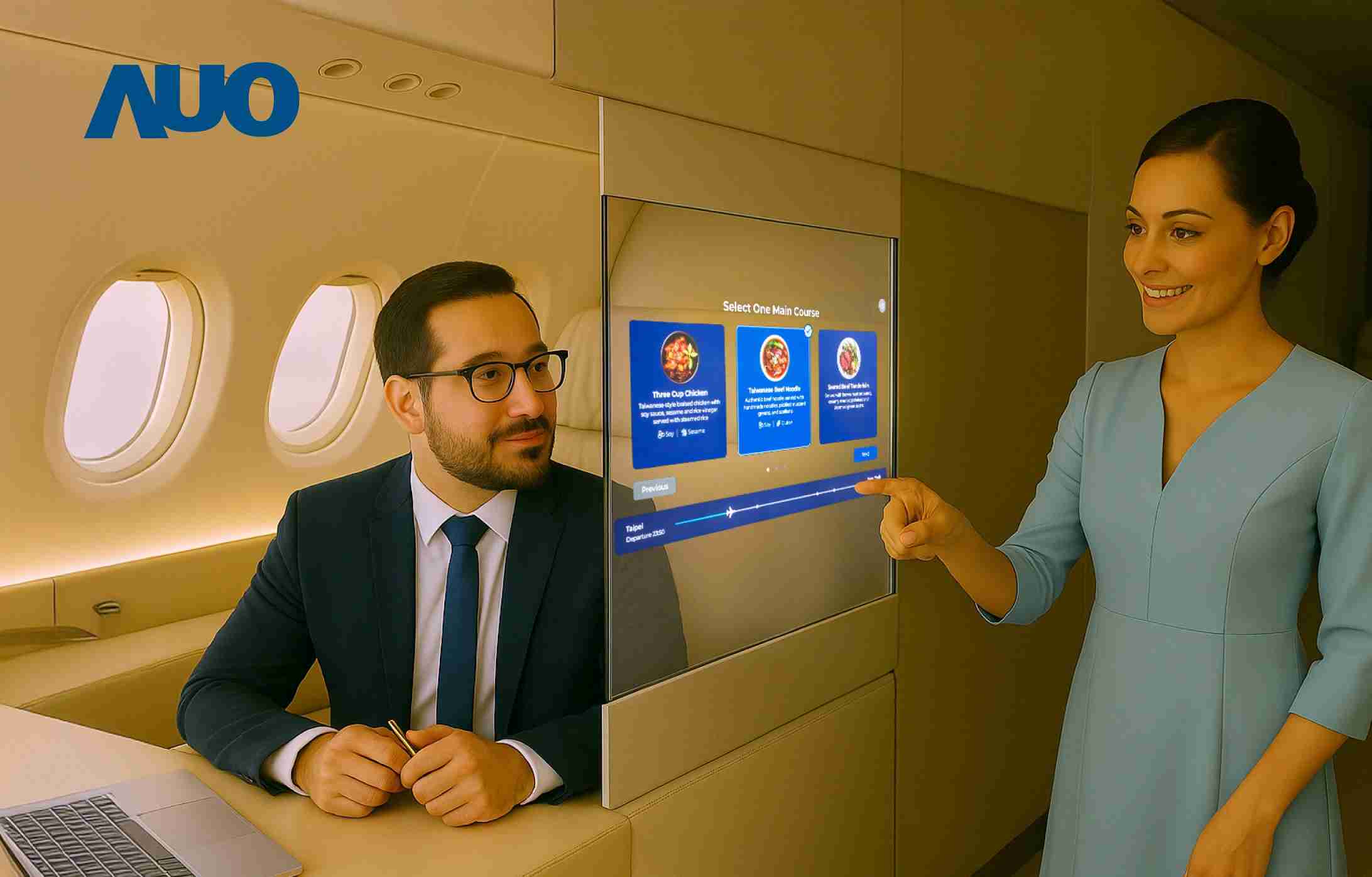 z6mg·人生就是博研发全球最薄17.3 吋双面透明 Micro LED 显示器，，，可在同一屏幕之双边投射不同信息，，，创造独特的”透明化”互动；图为实时翻译交流应用情境